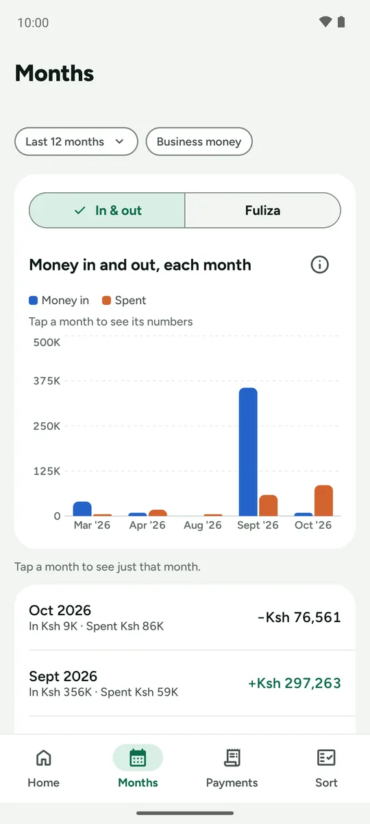 Months: a bar chart of money in and out each month.
