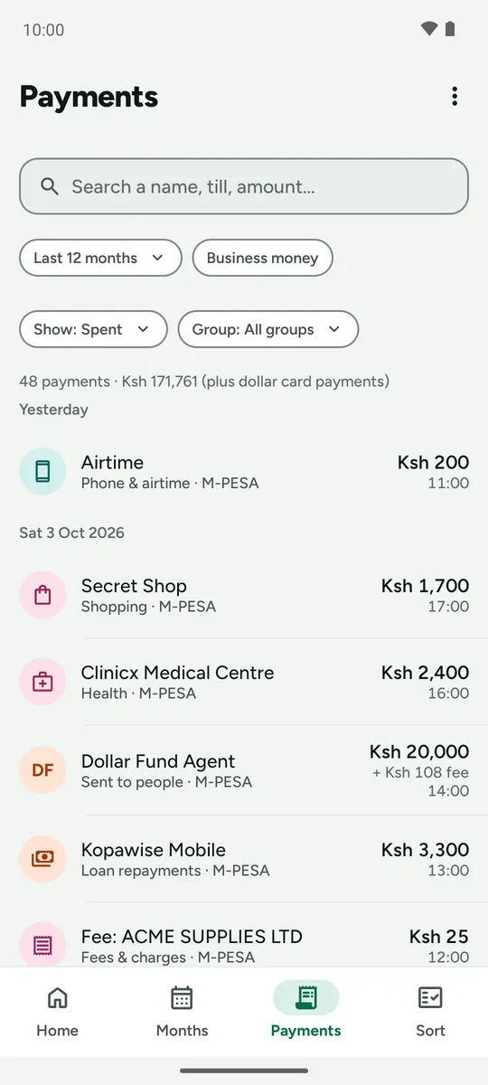 Payments: a searchable list of every payment by day.